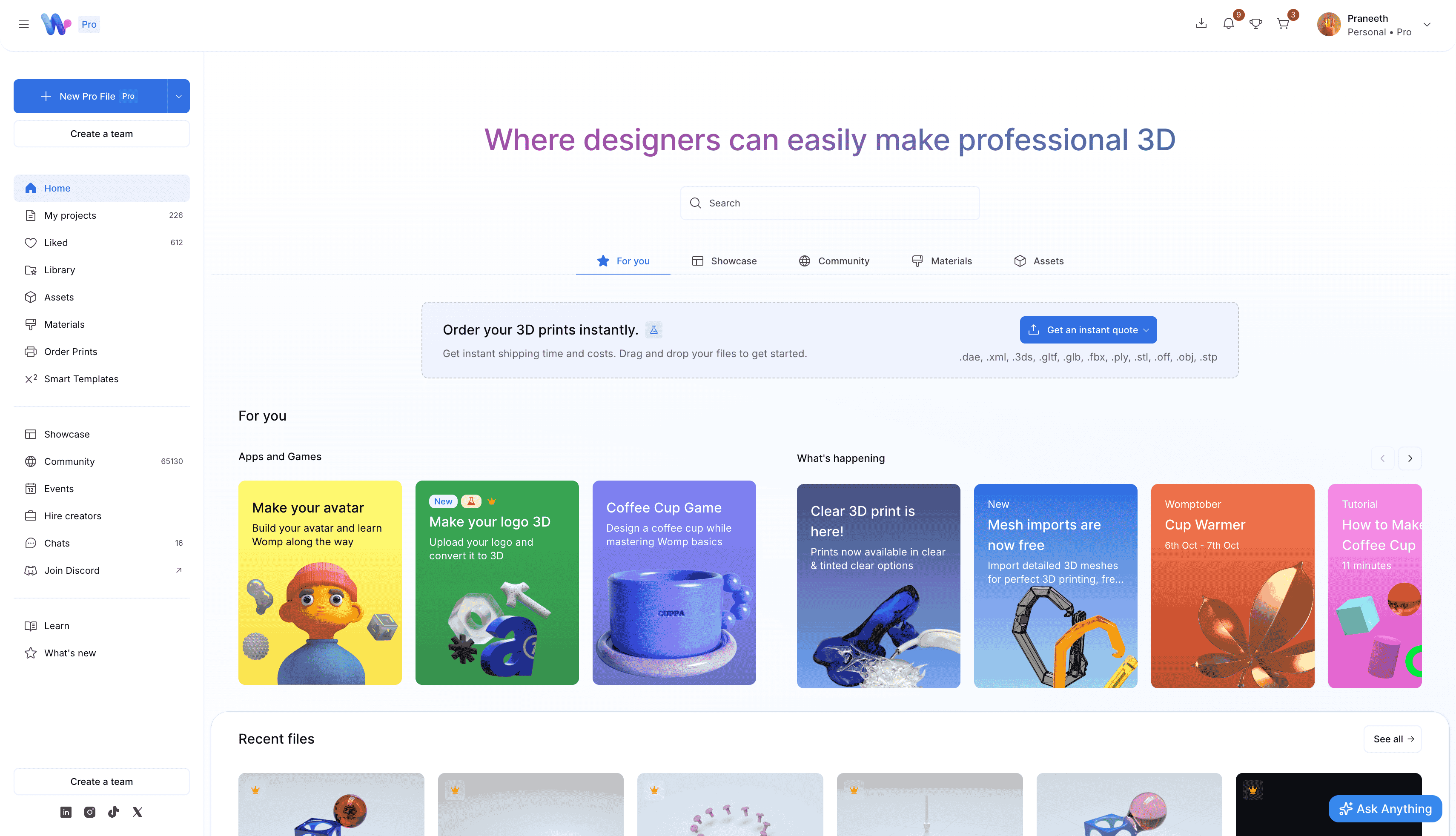 Womp community homepage