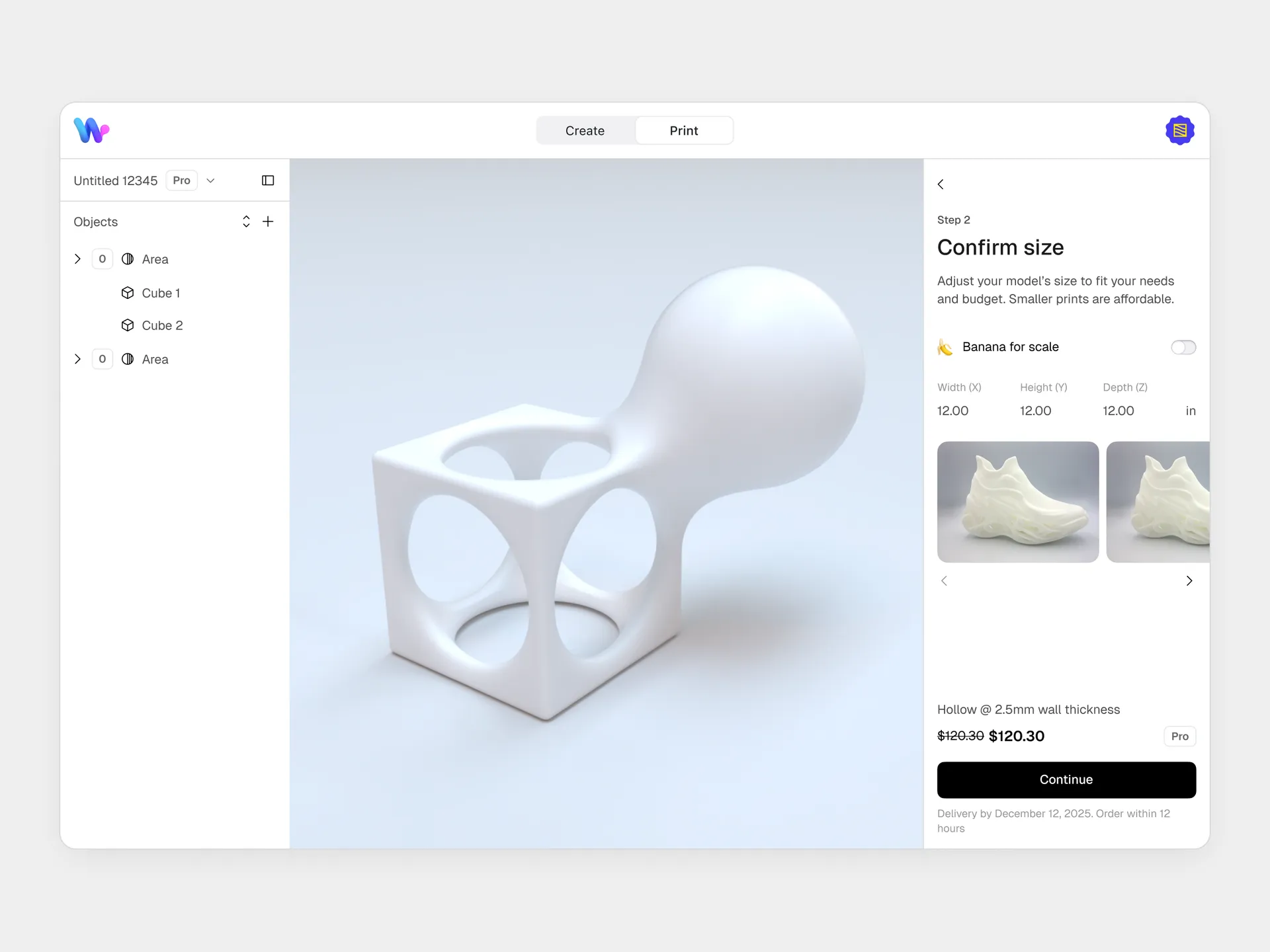 3D print flow — material selection and pricing preview